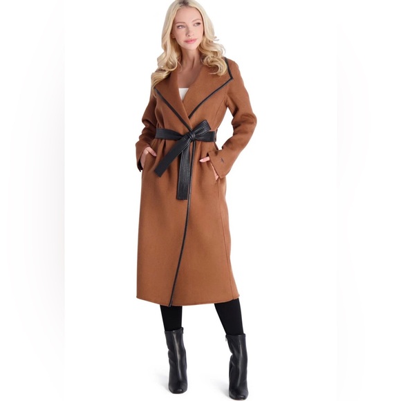 Tahari Jackets & Blazers - Tahari Juliette Wool Blend Brown Belted Coat with Faux Leather Trim Size Medium